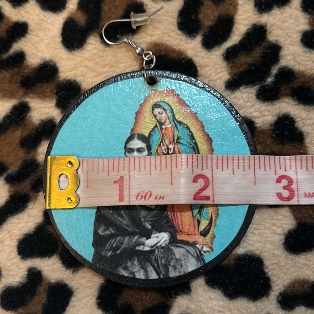 FRIDA KAHLO ♥️ Virgin Mary Wood Earrings Handmade Mexican Artist Guadalupe Icon - Picture 7 of 14